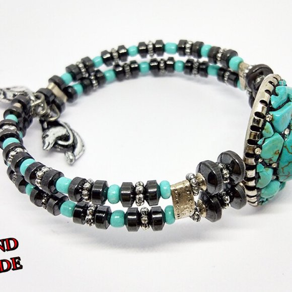 Turquoise Natural Stone Hematite Cord Bracelet Han - Picture 4 of 4